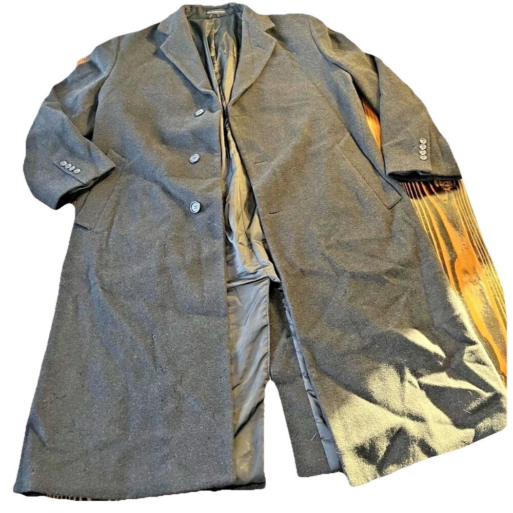 London Fog Men’s Wool Blend Overcoat 44L Charcoal Long Dress Coat Classic